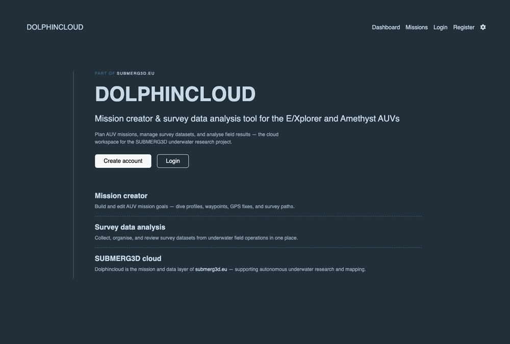 Dolphin Cloud home page for AUV mission planning and survey analysis