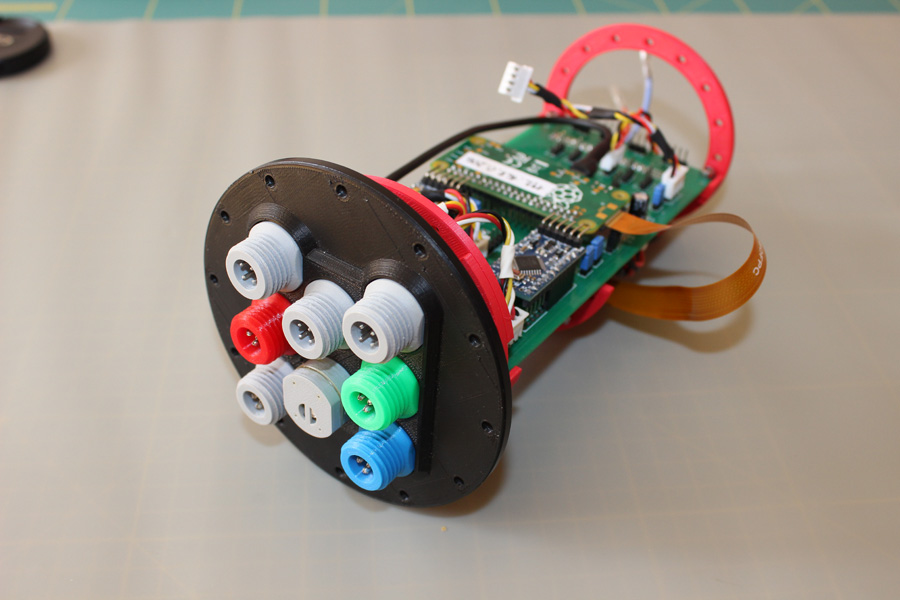 Electronics bulkhead with colour-coded waterproof connector ports and Raspberry Pi