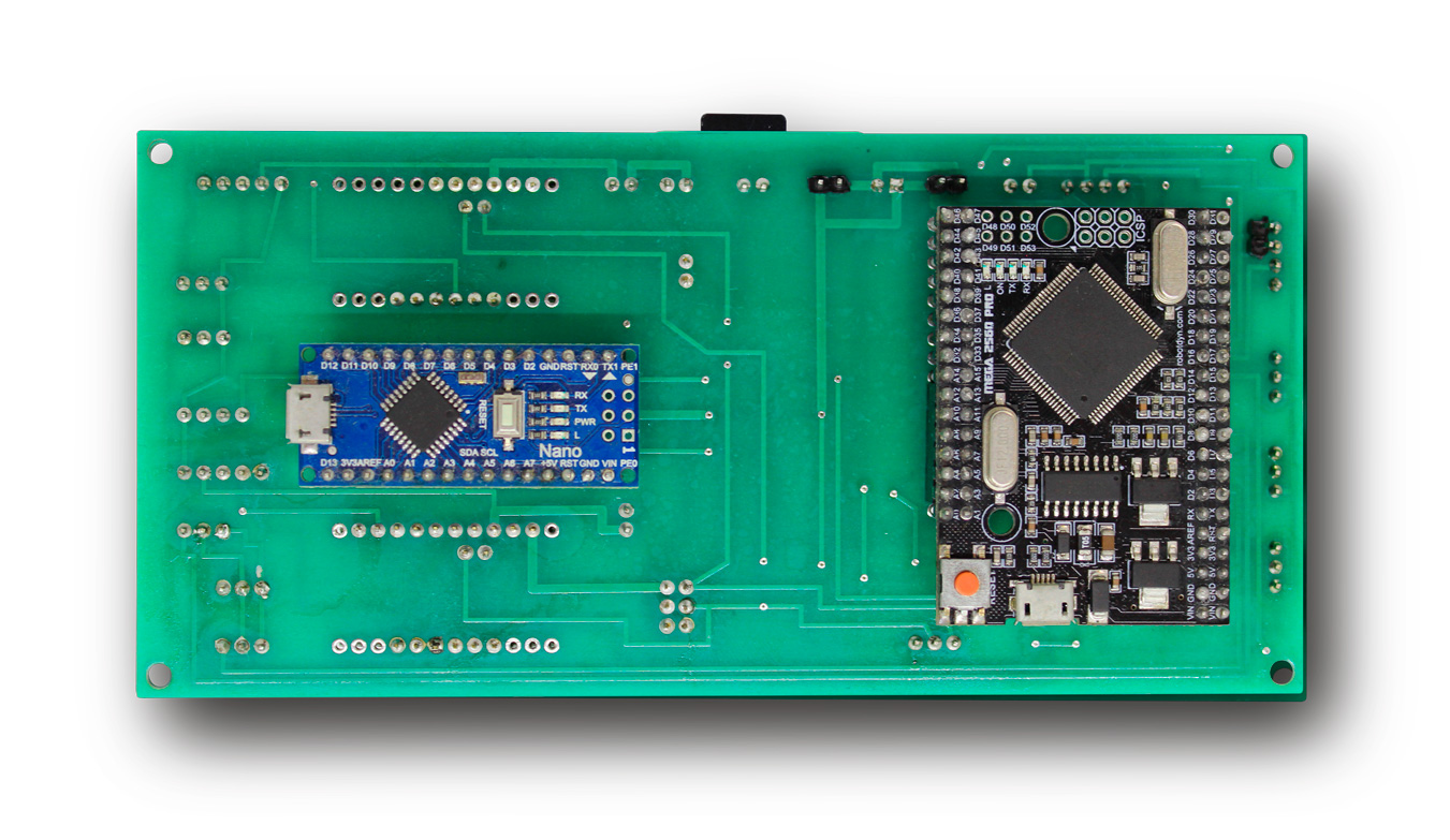 Bottom of the interface PCB with Arduino Nano and MEGA 2560 PRO