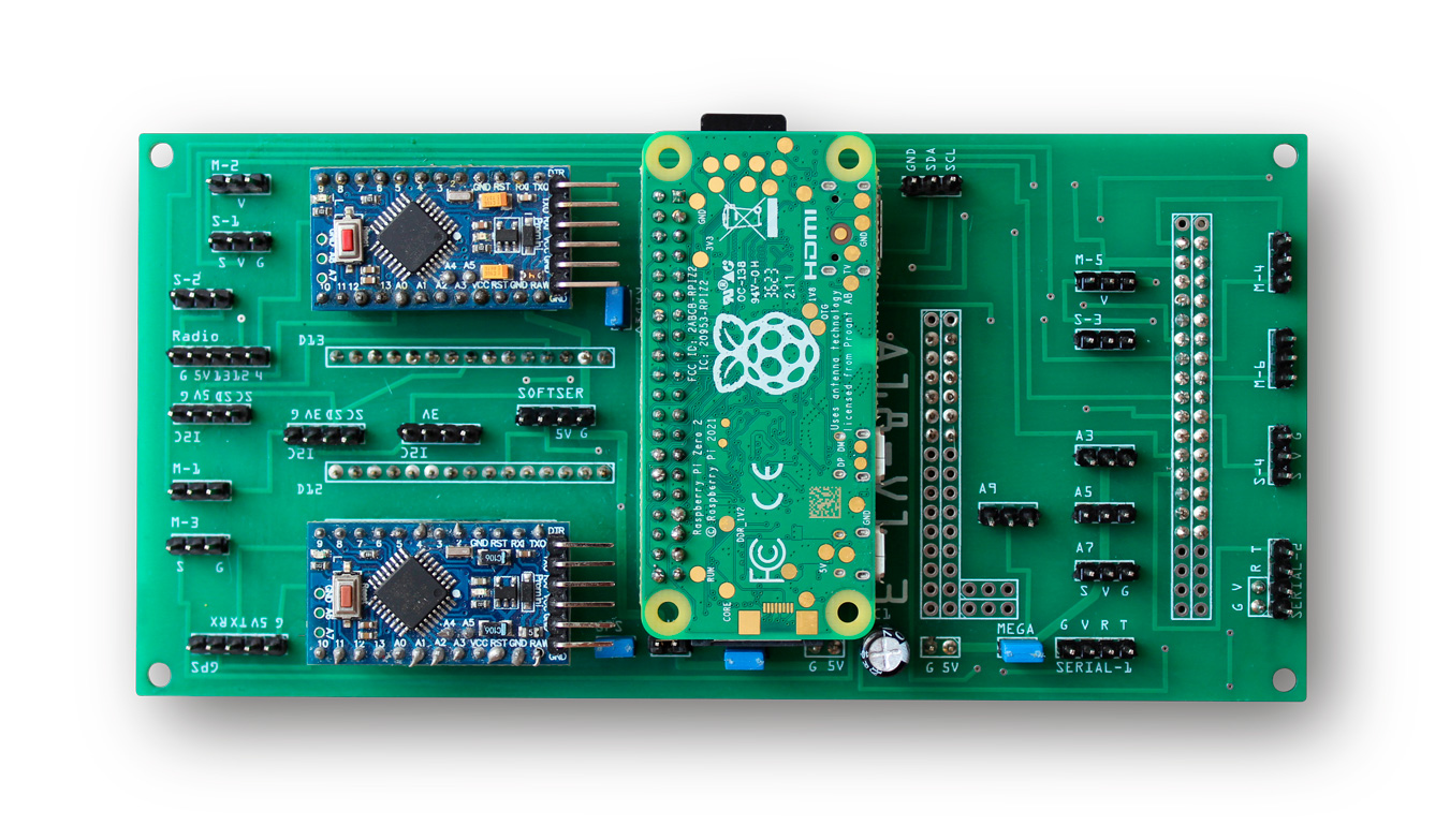 Top of the interface PCB with Raspberry Pi Zero and Arduino modules